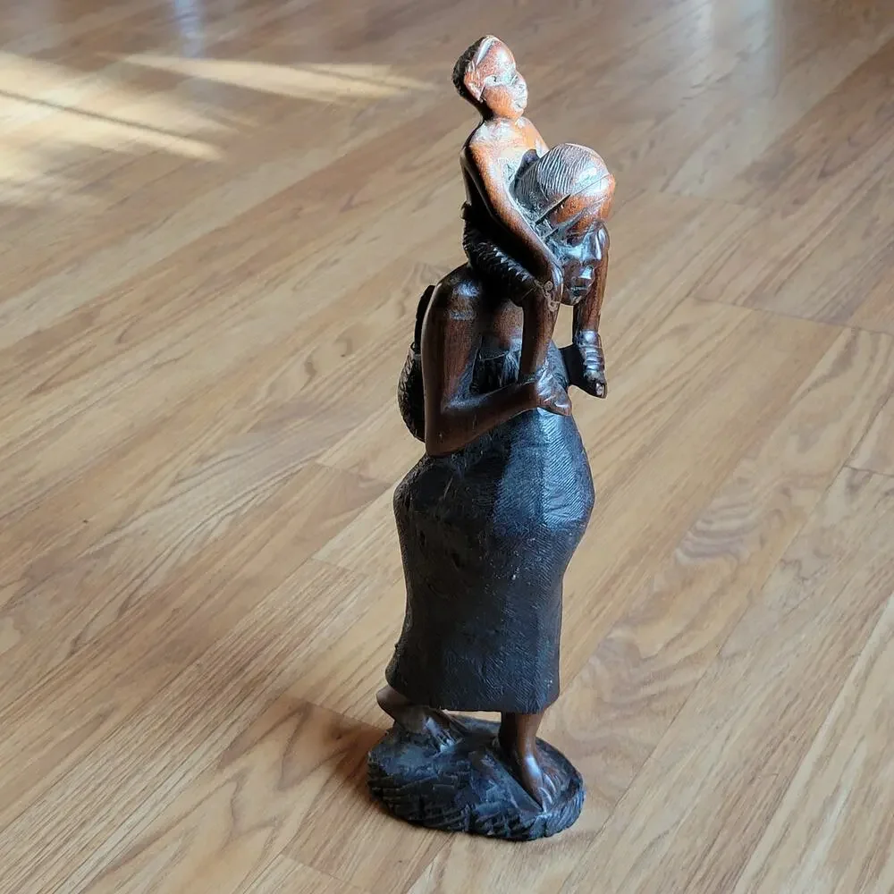 Vintage iron wood carving African women with child figurine sculpture